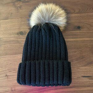 Black Rib Knit Beanie with Faux Fur Pom Pom